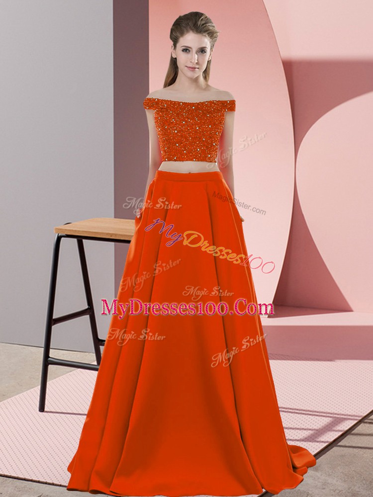 Flirting Backless Prom Gown Rust Red for Prom and Party with Beading Sweep Train