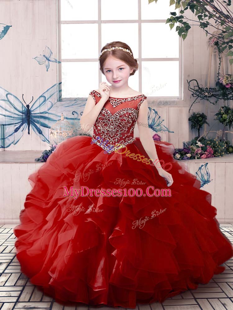Attractive Floor Length Zipper Pageant Dress Red for Party and Sweet 16 and Wedding Party with Beading and Ruffles