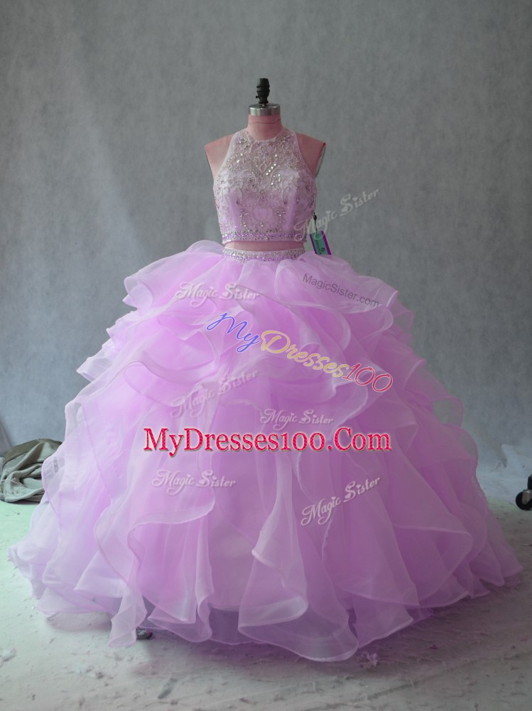 Sleeveless Organza Floor Length Backless Vestidos de Quinceanera in Lilac with Beading and Ruffles