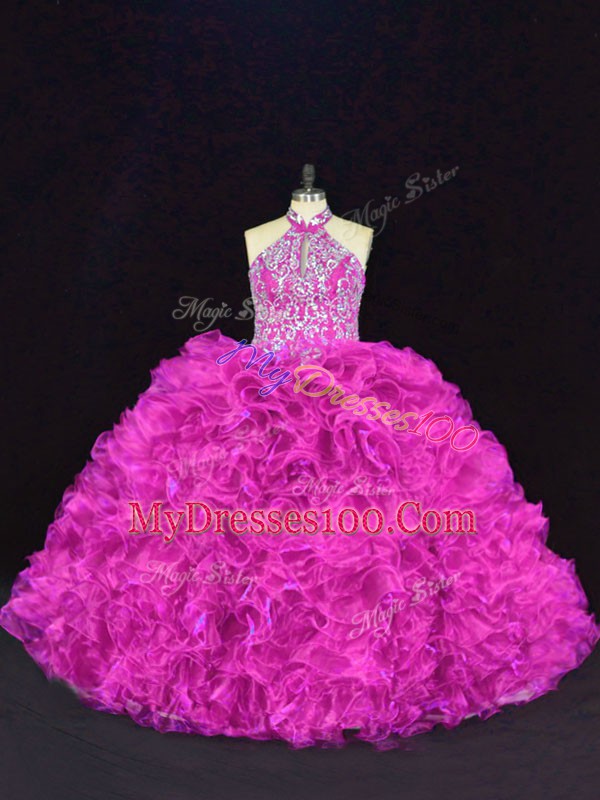 Sweet Floor Length Lace Up Sweet 16 Quinceanera Dress Fuchsia for Sweet 16 and Quinceanera with Beading and Ruffles