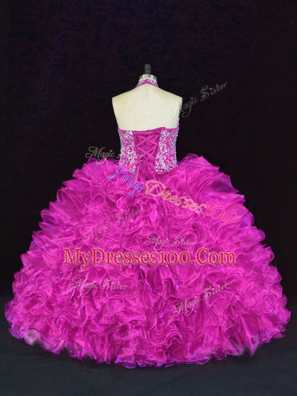 Sweet Floor Length Lace Up Sweet 16 Quinceanera Dress Fuchsia for Sweet 16 and Quinceanera with Beading and Ruffles