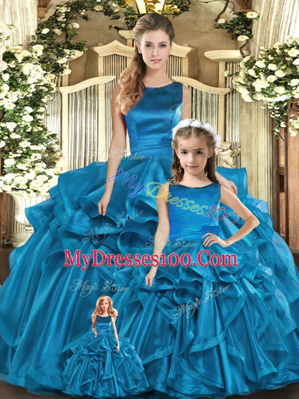 Teal Organza Lace Up Vestidos de Quinceanera Sleeveless Floor Length Ruffles