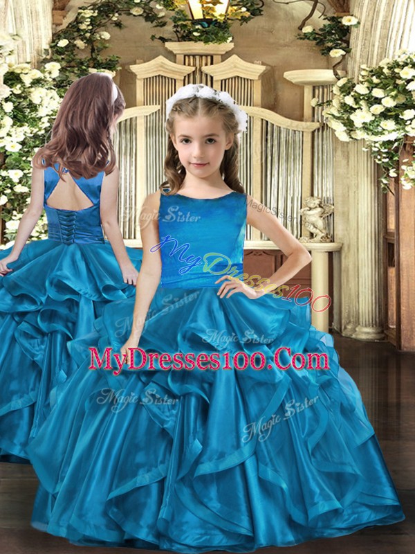 Teal Organza Lace Up Vestidos de Quinceanera Sleeveless Floor Length Ruffles