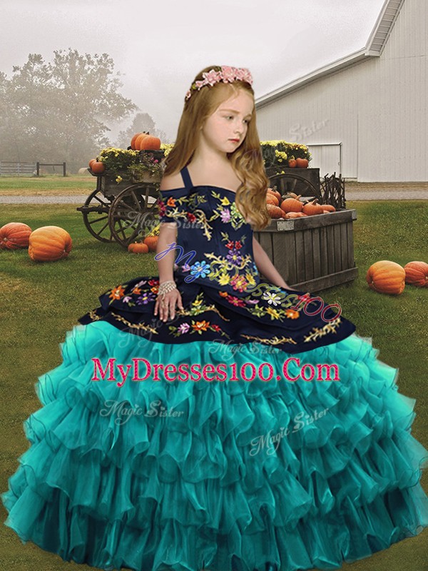 Fancy Teal Organza Lace Up Straps Sleeveless Floor Length Little Girl Pageant Gowns Embroidery and Ruffled Layers