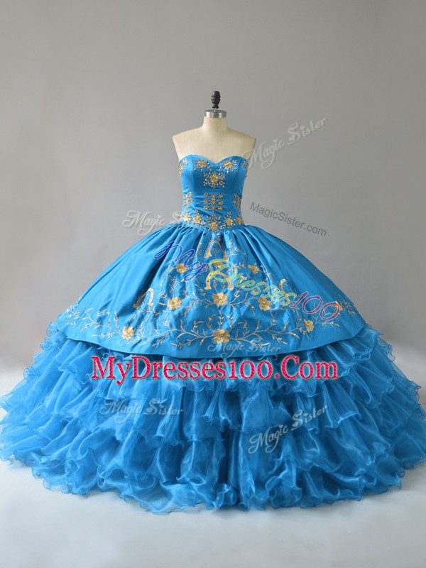 Blue Sweetheart Lace Up Embroidery and Ruffles Quinceanera Gown Sleeveless