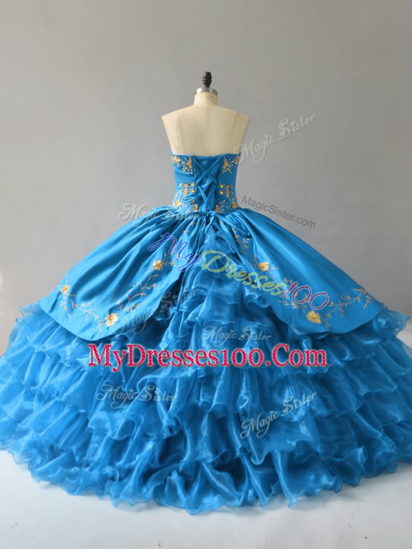 Blue Sweetheart Lace Up Embroidery and Ruffles Quinceanera Gown Sleeveless