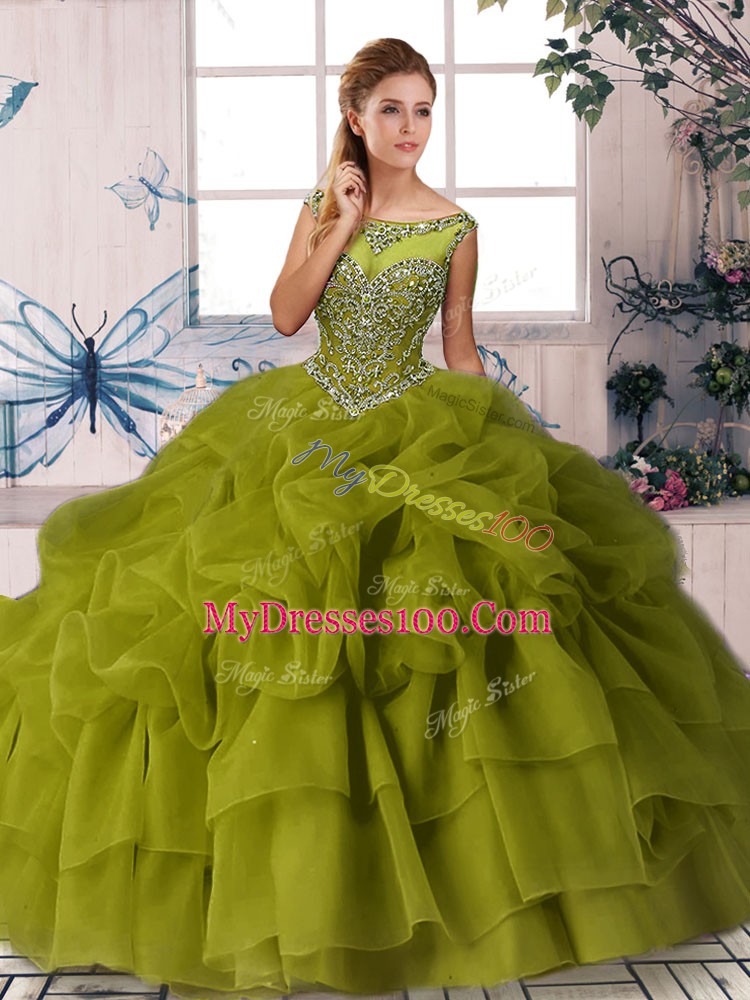 Olive Green Scoop Neckline Beading and Pick Ups Vestidos de Quinceanera Sleeveless Zipper