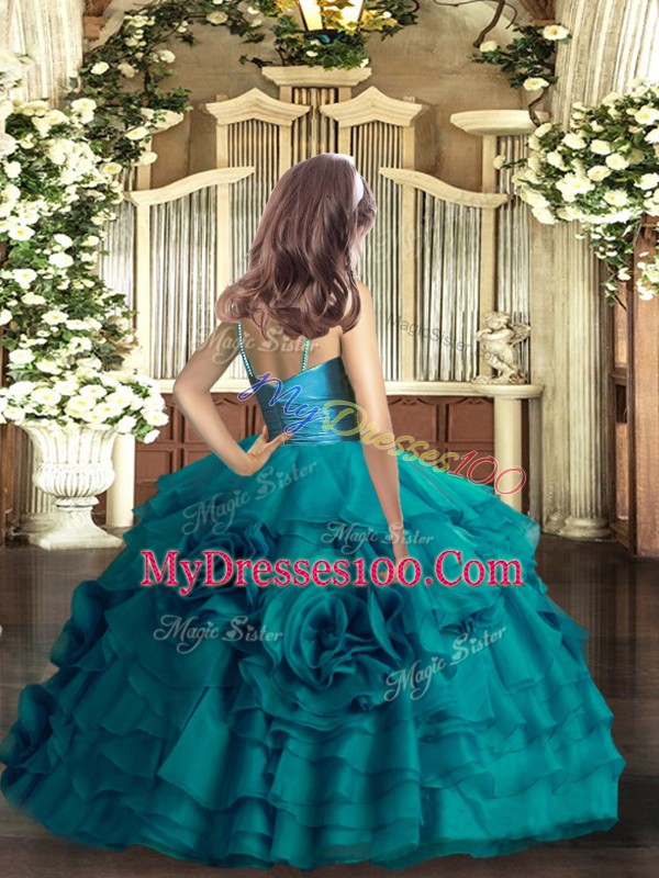 Teal Girls Pageant Dresses Party and Sweet 16 and Wedding Party with Ruffled Layers and Hand Made Flower V-neck Sleeveless Zipper
