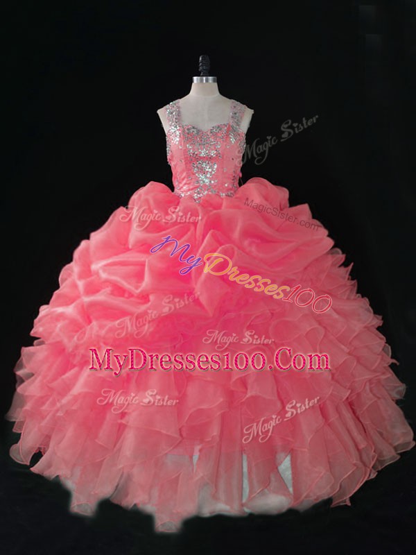 Wonderful Organza Straps Sleeveless Zipper Beading and Ruffles and Pick Ups Quinceanera Gown in Baby Pink