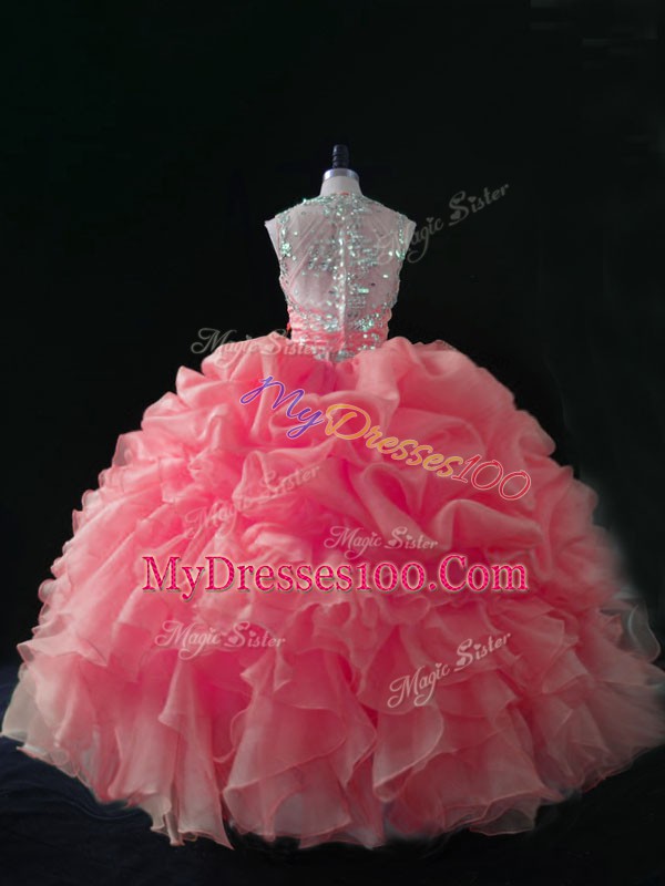 Wonderful Organza Straps Sleeveless Zipper Beading and Ruffles and Pick Ups Quinceanera Gown in Baby Pink