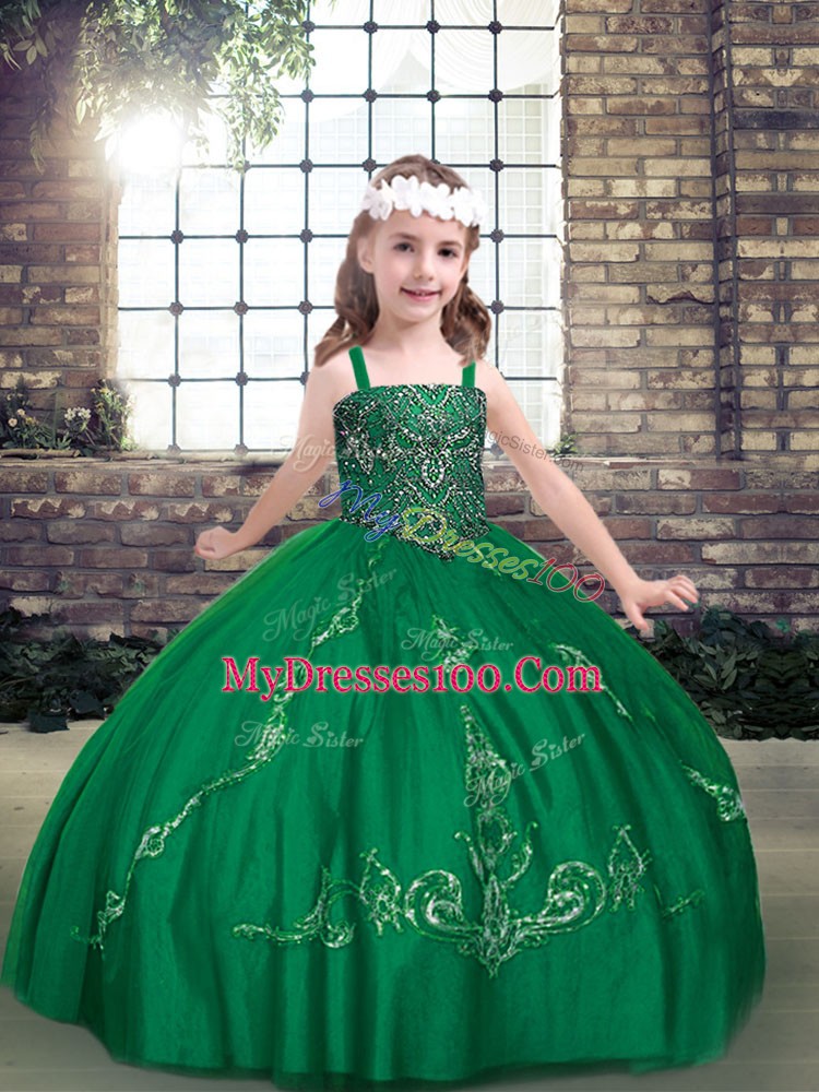 Dazzling Beading Pageant Gowns For Girls Dark Green Lace Up Sleeveless Floor Length