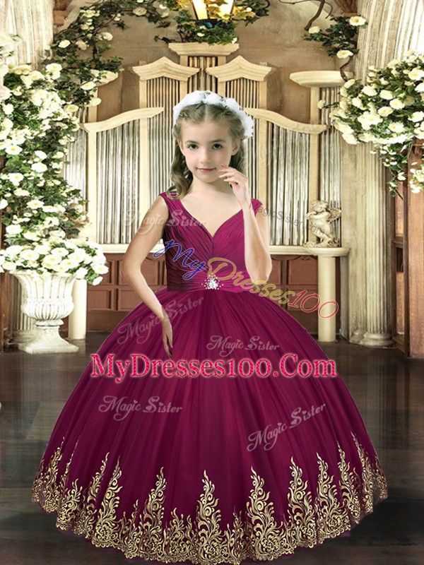 Burgundy Sleeveless Floor Length Embroidery Backless Little Girl Pageant Dress