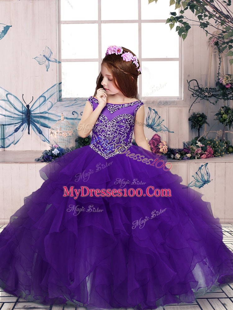 Floor Length Ball Gowns Sleeveless Purple Little Girl Pageant Dress Zipper