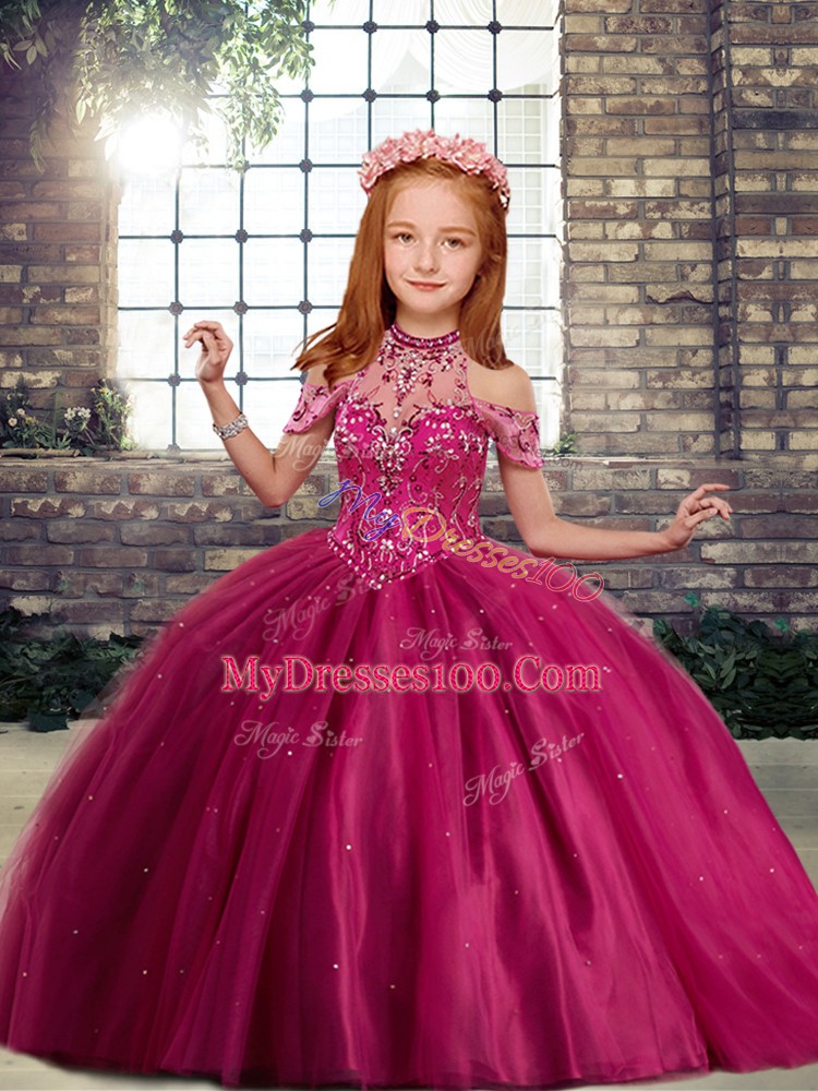 Fuchsia High-neck Lace Up Beading Little Girls Pageant Gowns Sleeveless