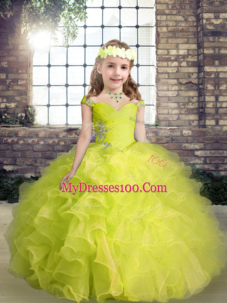 Yellow Green Straps Lace Up Beading and Ruffles Pageant Gowns For Girls Sleeveless