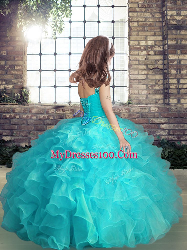 Yellow Green Straps Lace Up Beading and Ruffles Pageant Gowns For Girls Sleeveless
