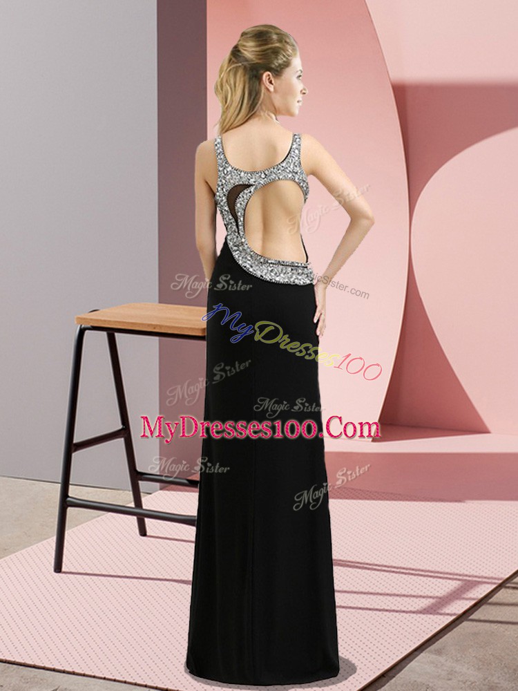 Charming Floor Length Backless Prom Dress Black for Prom and Party with Beading