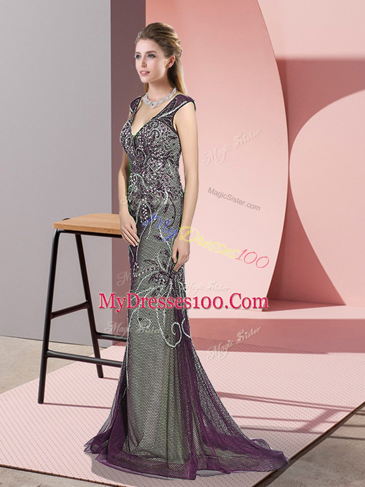 Beautiful Sleeveless Sweep Train Beading Zipper Prom Gown