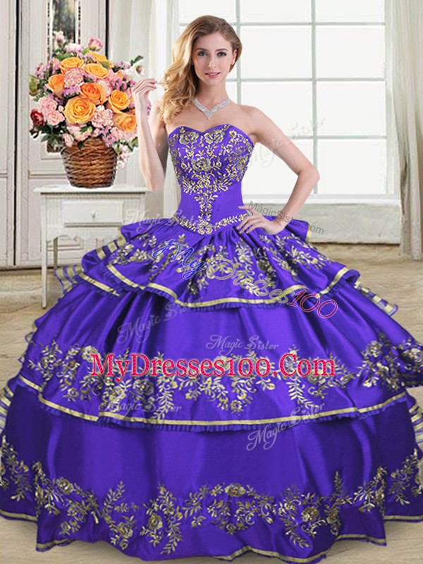 Spectacular Purple Sleeveless Satin and Organza Lace Up Bridesmaids Dress for Sweet 16 and Quinceanera