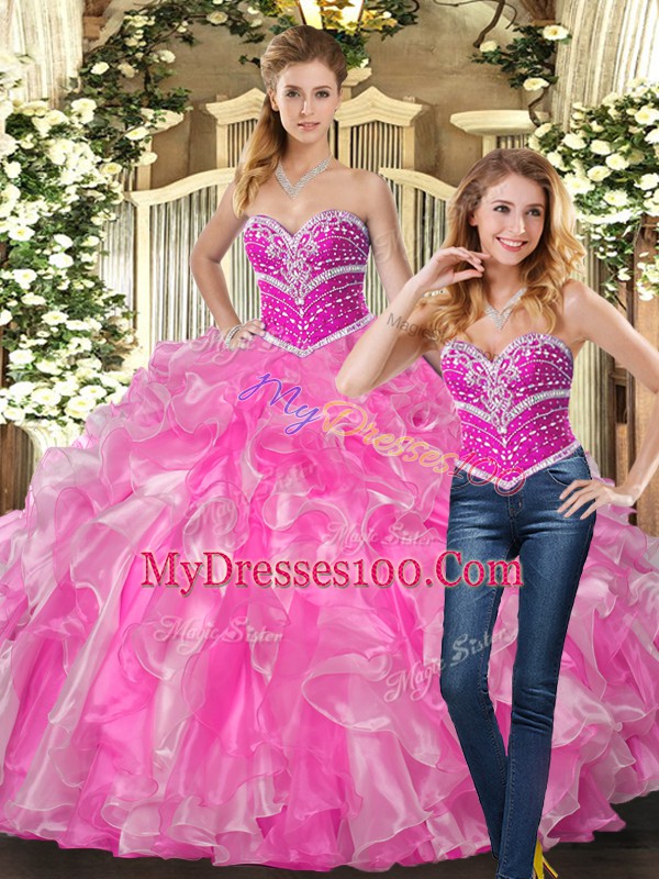 Graceful Organza Sweetheart Sleeveless Lace Up Beading and Ruffles Sweet 16 Dress in Rose Pink