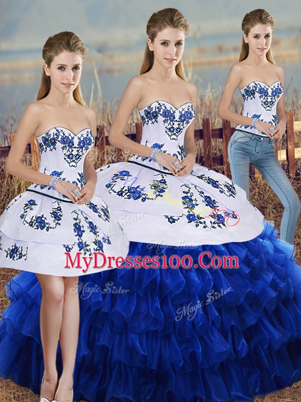 Royal Blue Sleeveless Embroidery and Ruffled Layers and Bowknot Floor Length Quince Ball Gowns