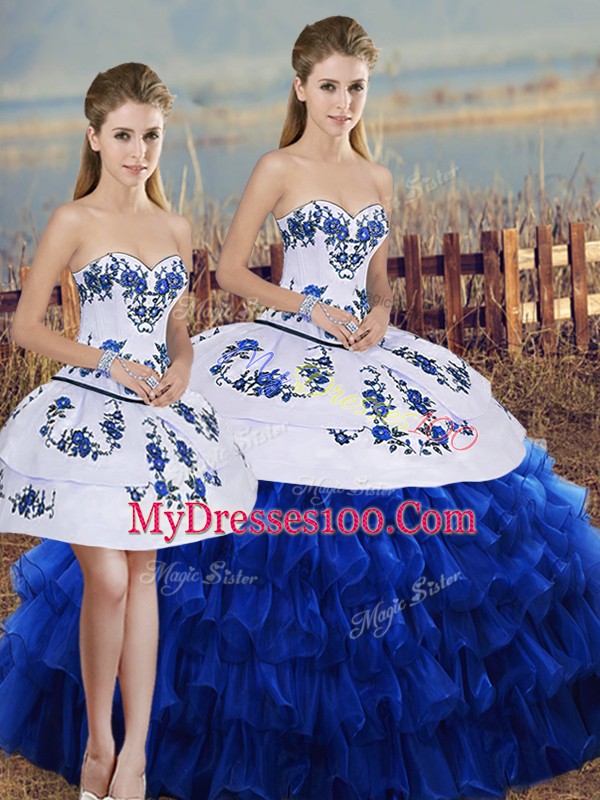 Royal Blue Sleeveless Embroidery and Ruffled Layers and Bowknot Floor Length Quince Ball Gowns