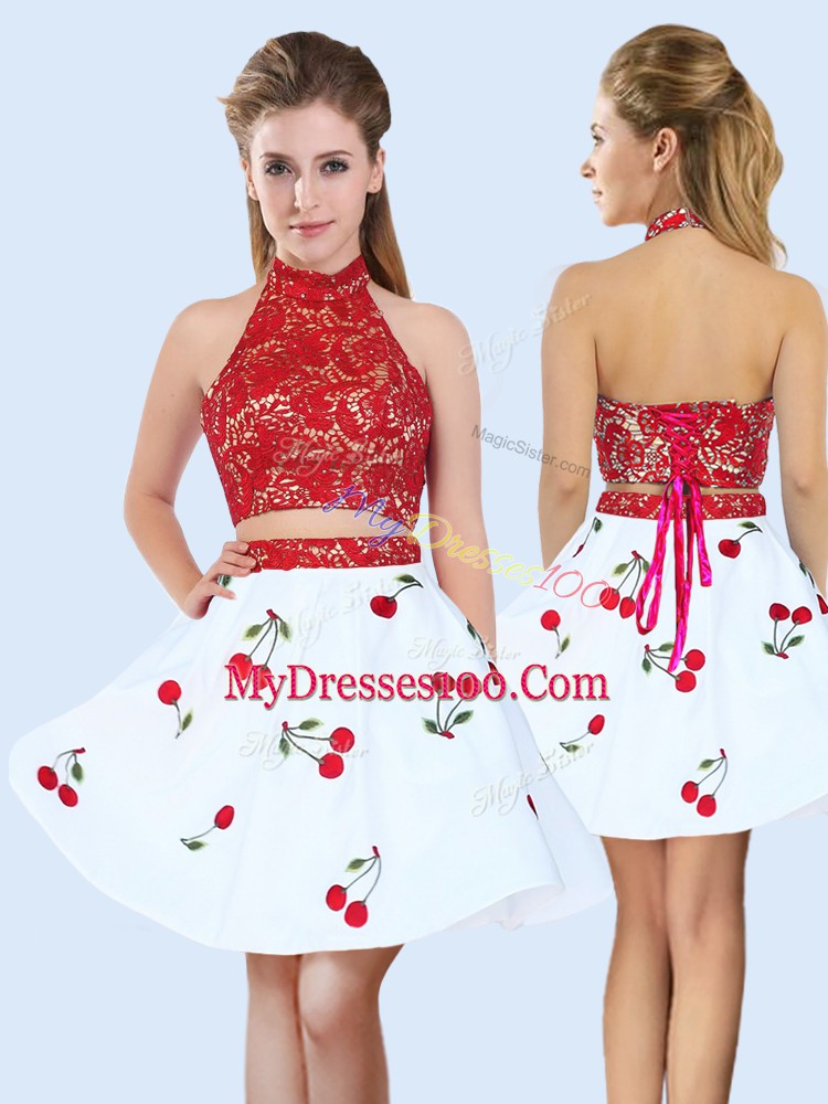 Halter Top Sleeveless Satin Dama Dress Lace and Pattern Lace Up