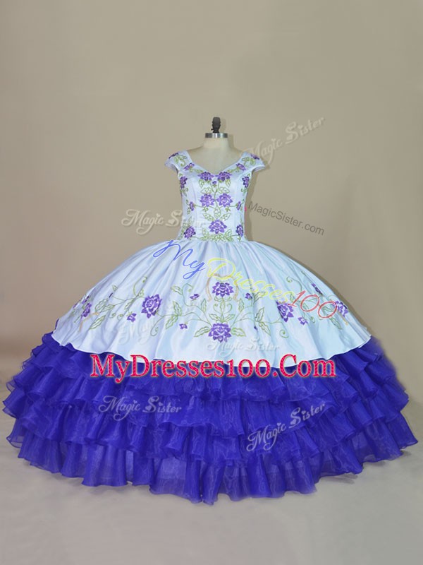Blue and Purple Satin and Organza Lace Up Quinceanera Gowns Sleeveless Floor Length Embroidery and Ruffled Layers