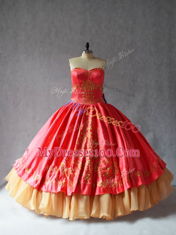 Floor Length Lace Up Quinceanera Gowns Coral Red for Sweet 16 and Quinceanera with Embroidery