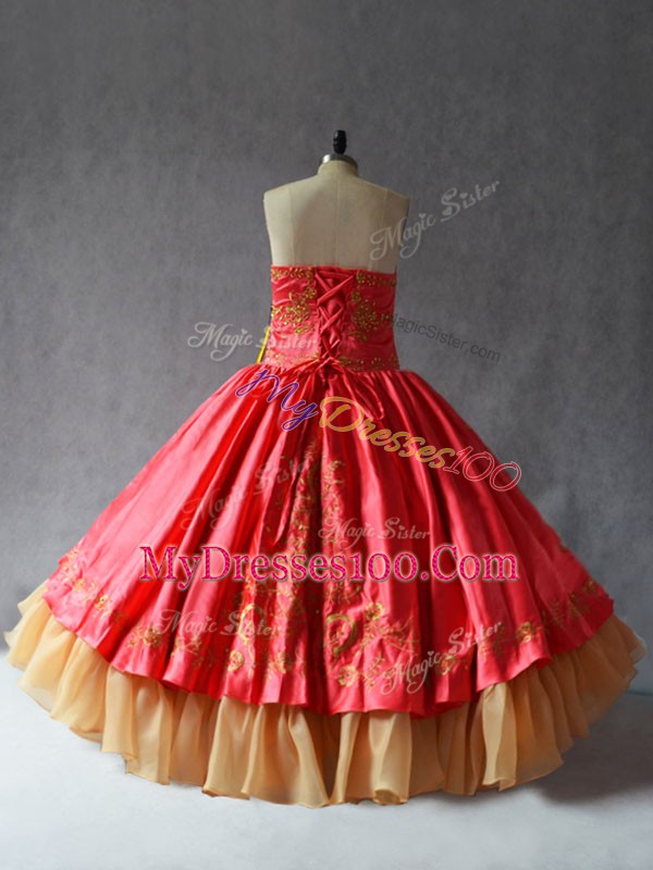 Floor Length Lace Up Quinceanera Gowns Coral Red for Sweet 16 and Quinceanera with Embroidery