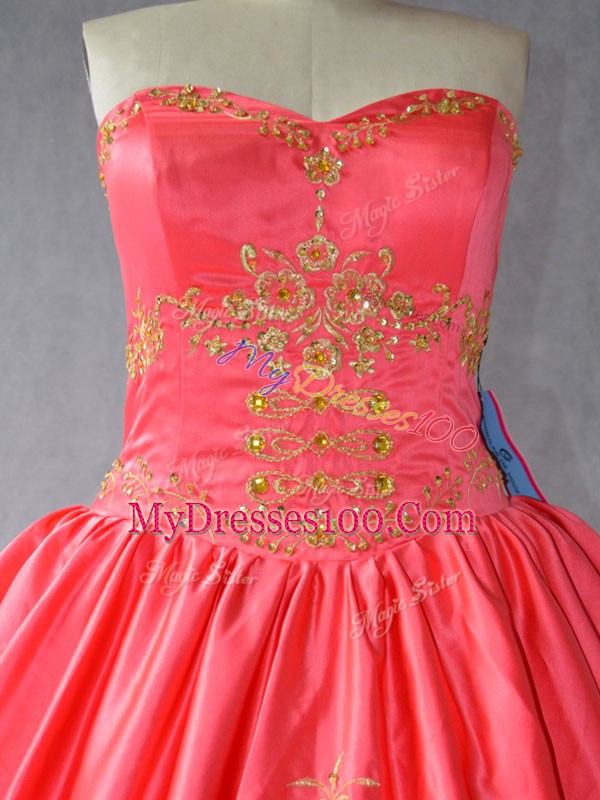 Floor Length Lace Up Quinceanera Gowns Coral Red for Sweet 16 and Quinceanera with Embroidery
