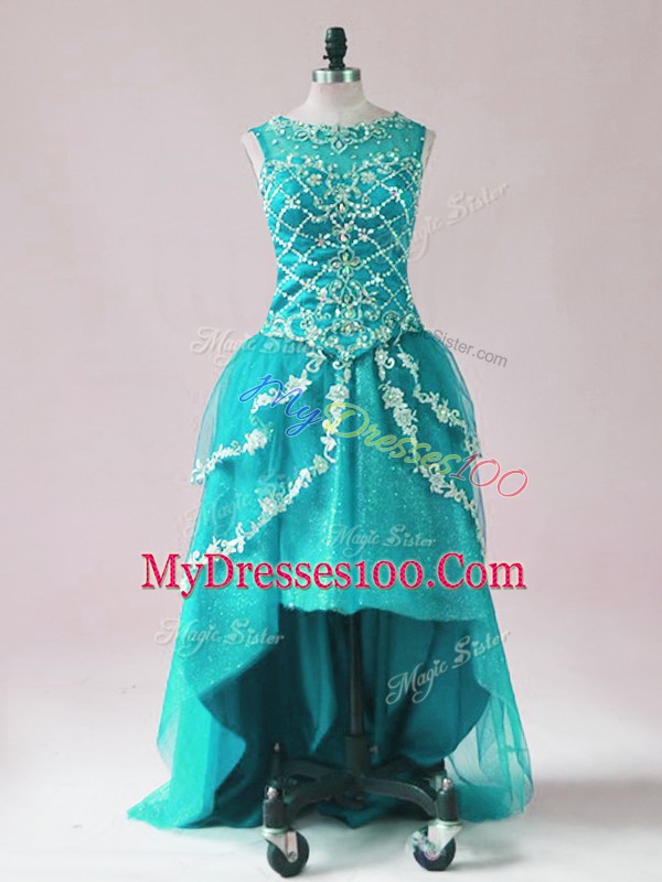 Excellent High Low Teal Prom Party Dress Scoop Sleeveless Zipper