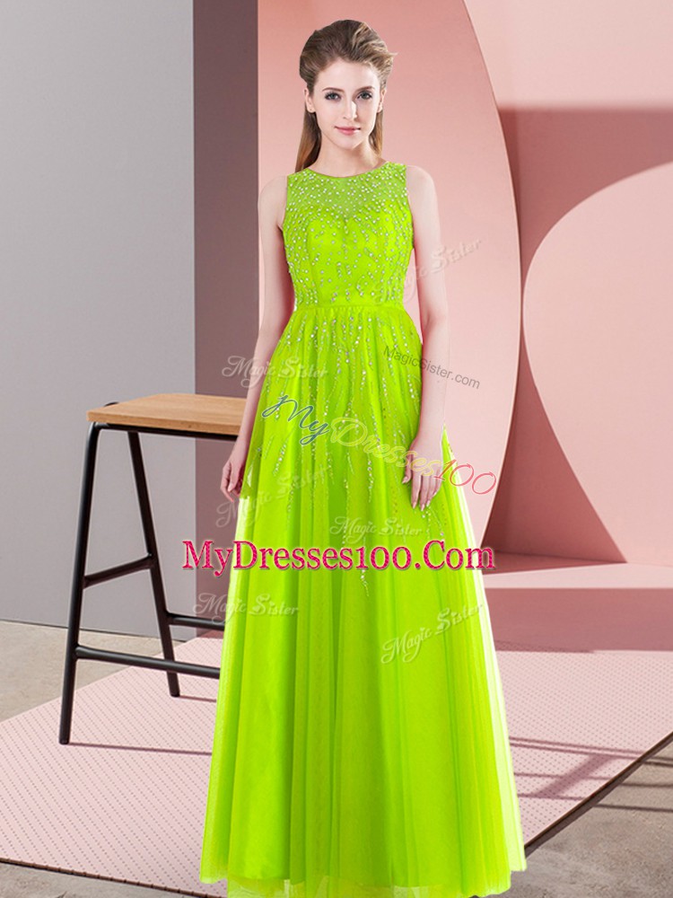 Popular Empire Prom Dresses Yellow Green Scoop Tulle Sleeveless Floor Length Side Zipper