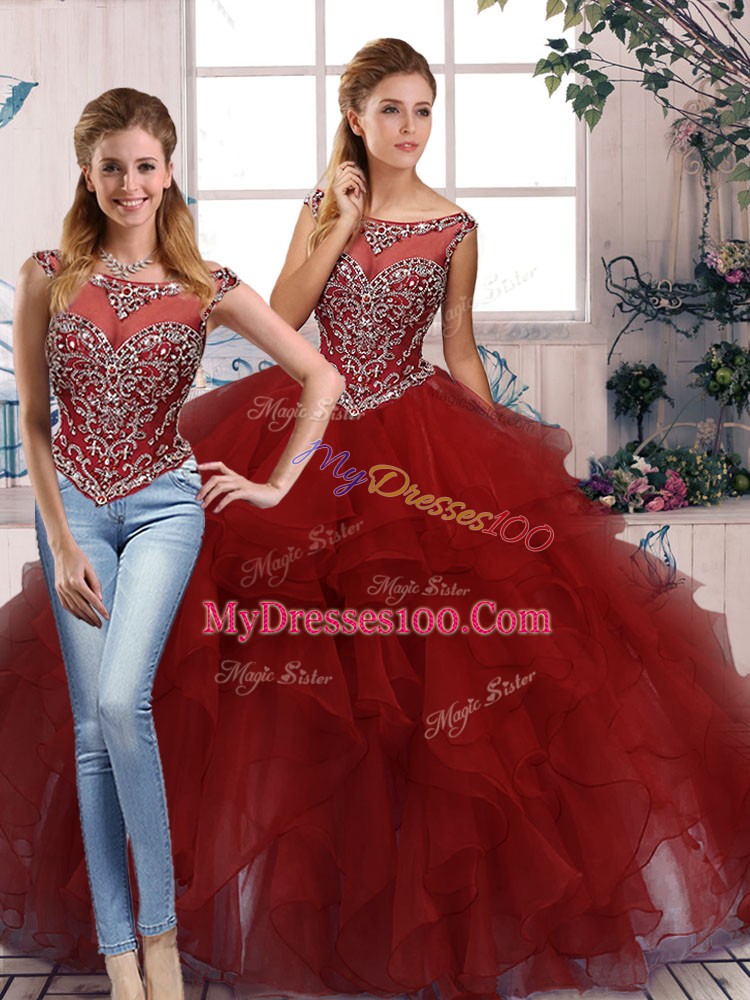 Scoop Sleeveless Zipper Ball Gown Prom Dress Burgundy Organza