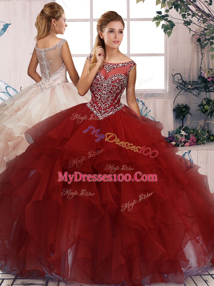Scoop Sleeveless Zipper Ball Gown Prom Dress Burgundy Organza