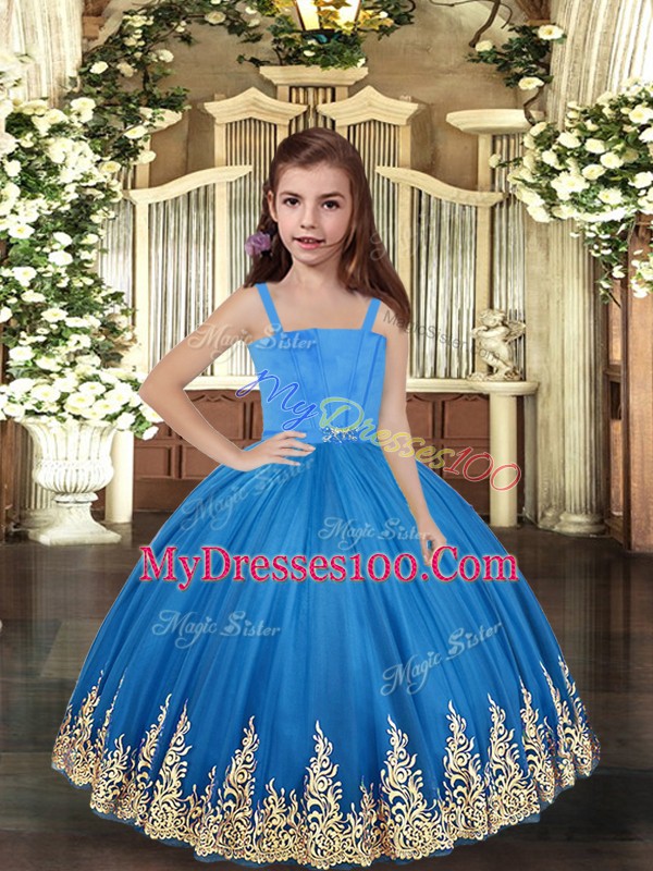 Floor Length Baby Blue Pageant Dress for Teens Tulle Sleeveless Embroidery