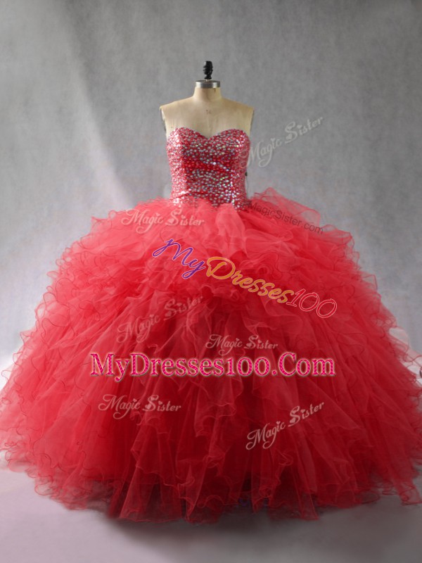 Wine Red Ball Gowns Sweetheart Sleeveless Tulle Floor Length Lace Up Beading and Ruffles Quince Ball Gowns