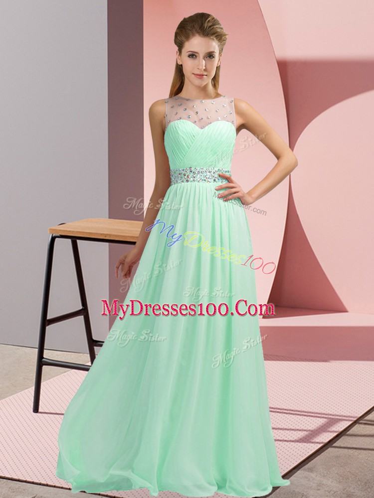 Fitting Apple Green Empire Beading Teens Party Dress Backless Chiffon Sleeveless Floor Length