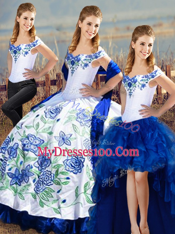 Blue And White Sleeveless Floor Length Embroidery Lace Up Quince Ball Gowns