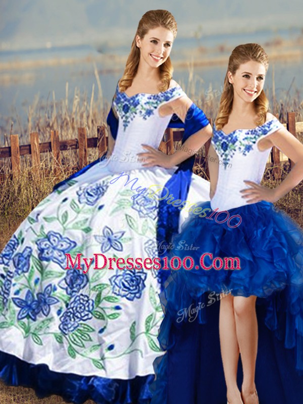 Blue And White Sleeveless Floor Length Embroidery Lace Up Quince Ball Gowns