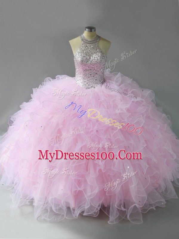 Sleeveless Floor Length Beading and Ruffles Lace Up Quince Ball Gowns with Pink