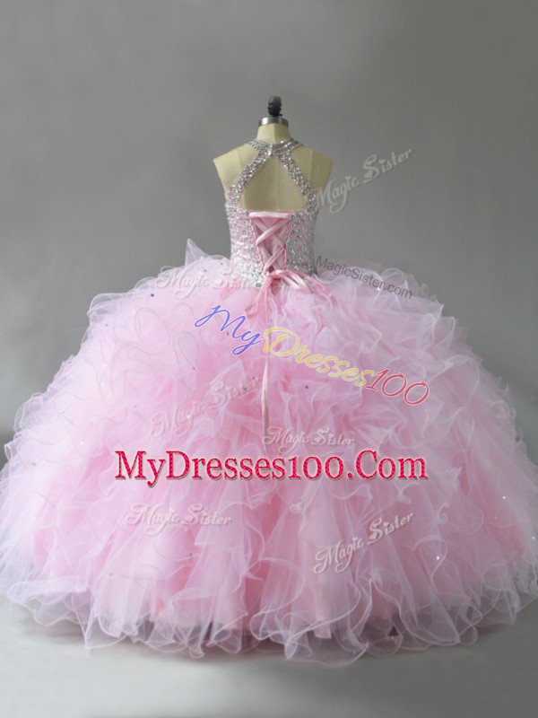 Sleeveless Floor Length Beading and Ruffles Lace Up Quince Ball Gowns with Pink