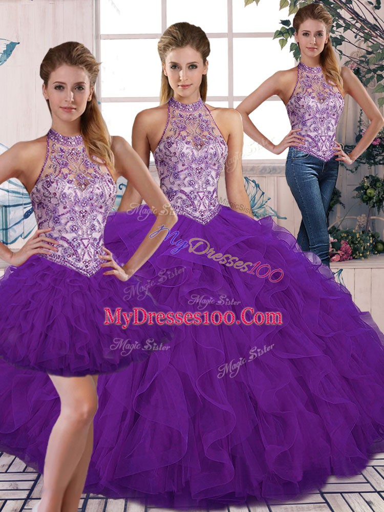Halter Top Sleeveless 15 Quinceanera Dress Floor Length Beading and Ruffles Purple Tulle