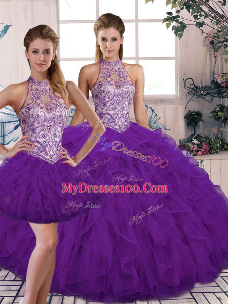 Halter Top Sleeveless 15 Quinceanera Dress Floor Length Beading and Ruffles Purple Tulle