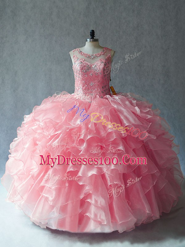 Pink Organza Lace Up Quinceanera Dress Sleeveless Beading and Ruffles