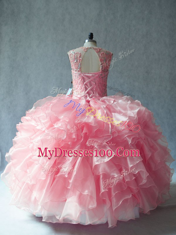 Pink Organza Lace Up Quinceanera Dress Sleeveless Beading and Ruffles