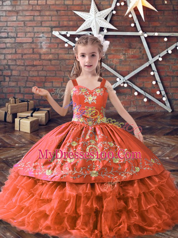 Straps Sleeveless Child Pageant Dress Floor Length Embroidery and Ruffled Layers Orange Red Satin and Organza