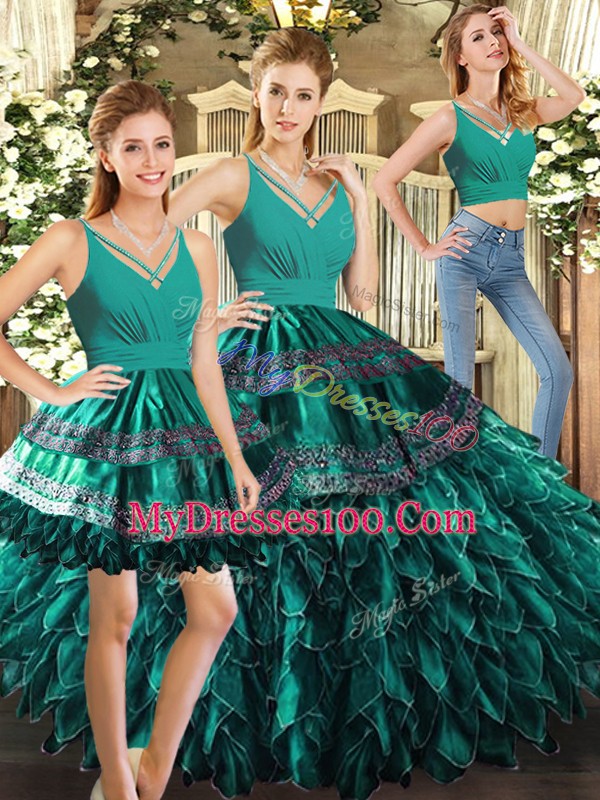 Dynamic V-neck Sleeveless Organza Quince Ball Gowns Appliques and Ruffles Backless