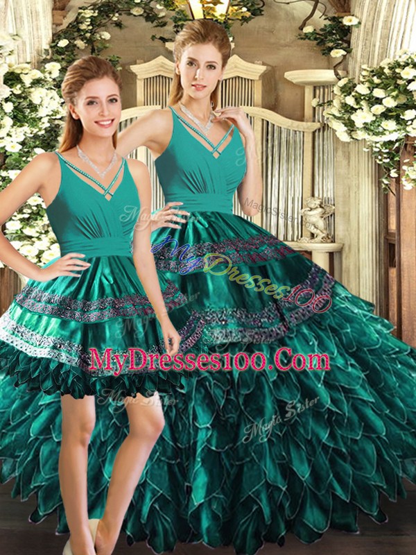 Dynamic V-neck Sleeveless Organza Quince Ball Gowns Appliques and Ruffles Backless