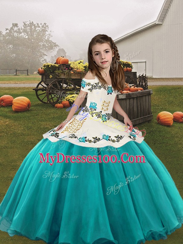 Floor Length Lace Up Pageant Dress Womens Aqua Blue for Party and Military Ball with Embroidery